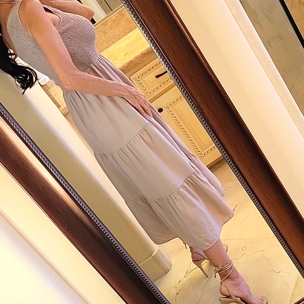 BTFBM Taupe One-shoulder Ruched Top & Flowy Tiered Bottom Summer Dress, S - Picture 8 of 14